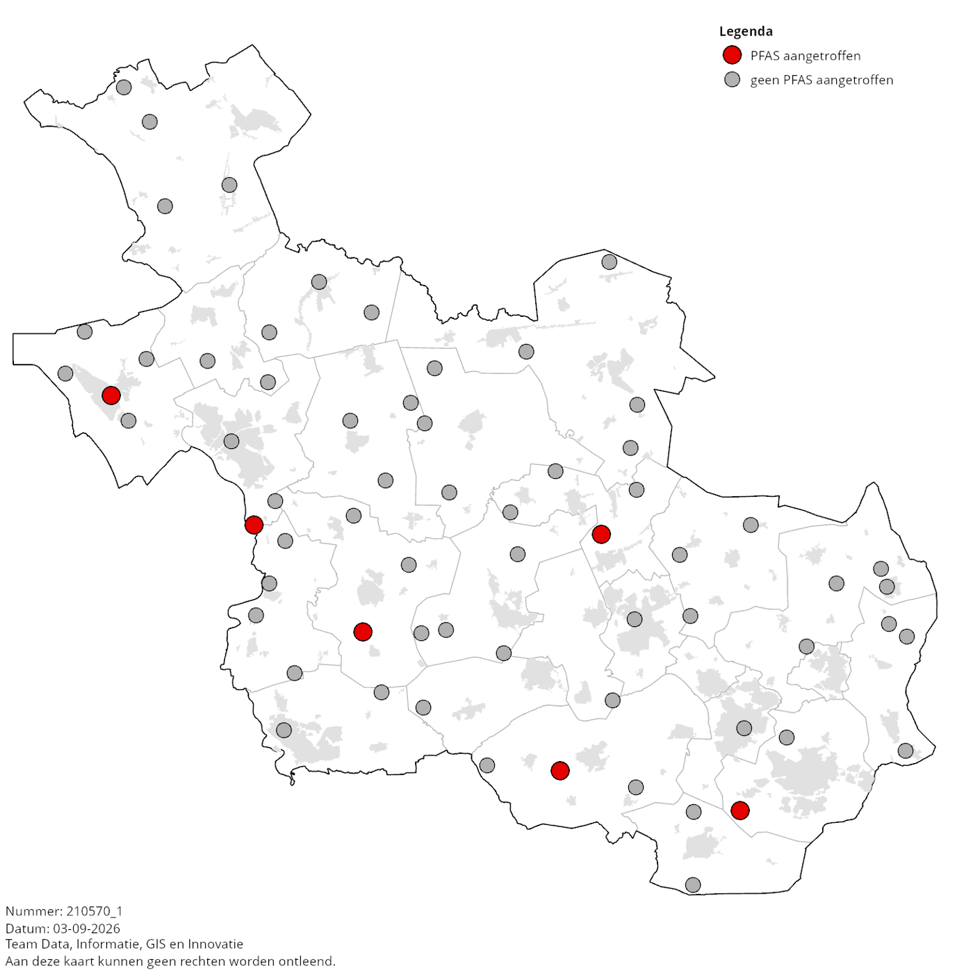 Kaart: Meetlocaties waar in 2019 en 2020 PFAS zijn aangetroffen in het ondiepe grondwater van Overijssel.