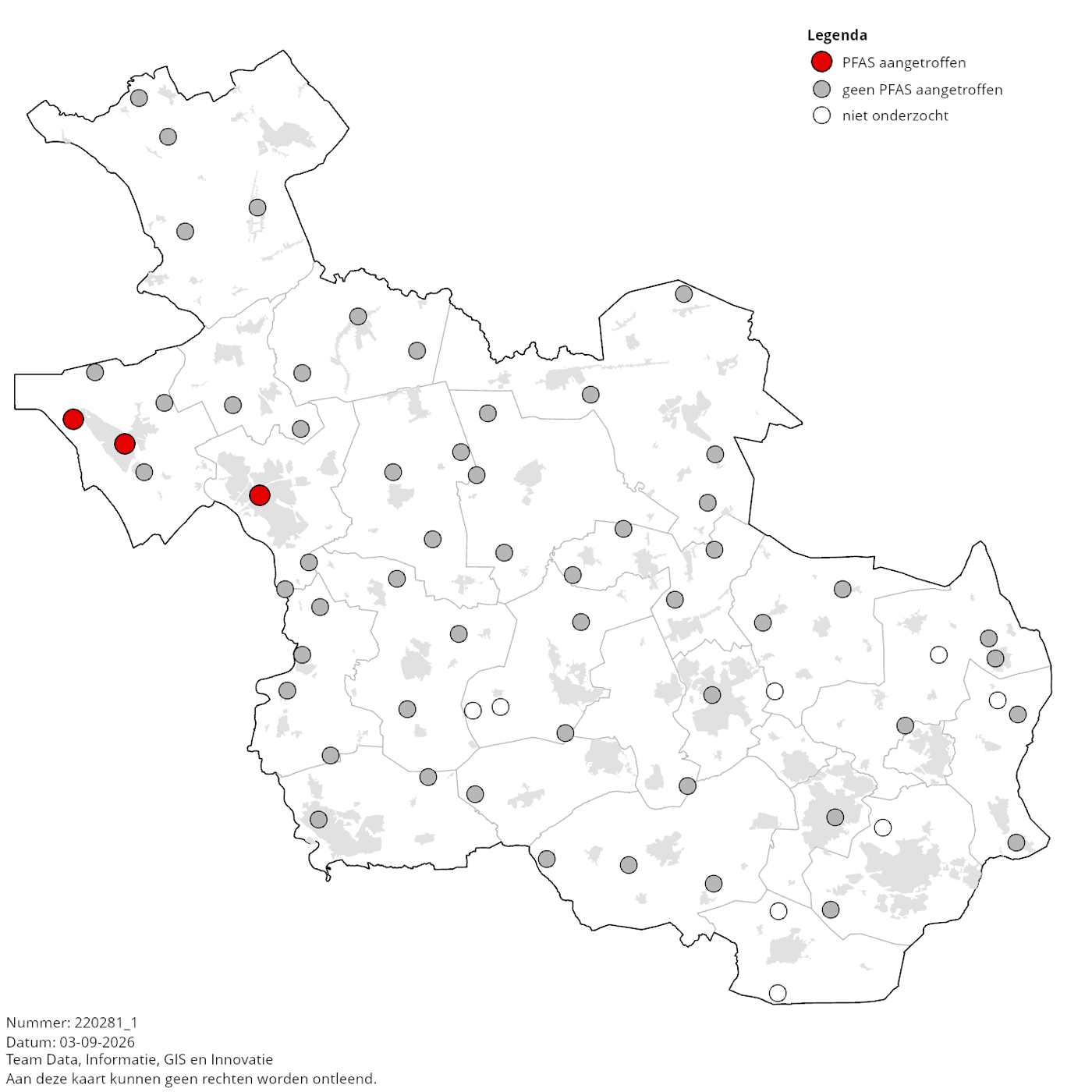 Kaart: Meetlocaties waar in 2021 PFAS zijn aangetroffen in het diepe grondwater van Overijssel.