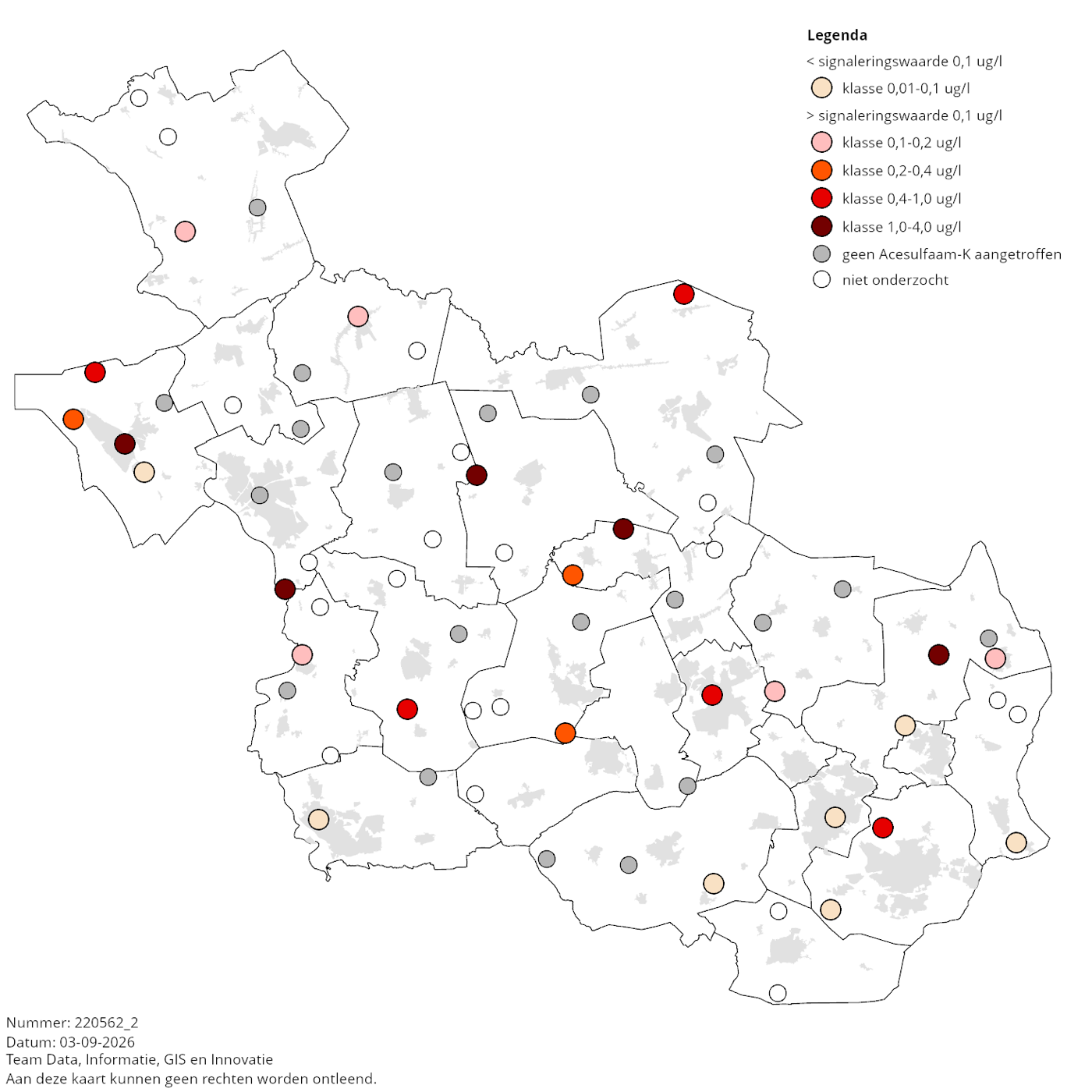 Kaart: Meetlocaties waar in 2021 de zoetstof Acesulfaam-K in het grondwater van Overijssel is aangetroffen.