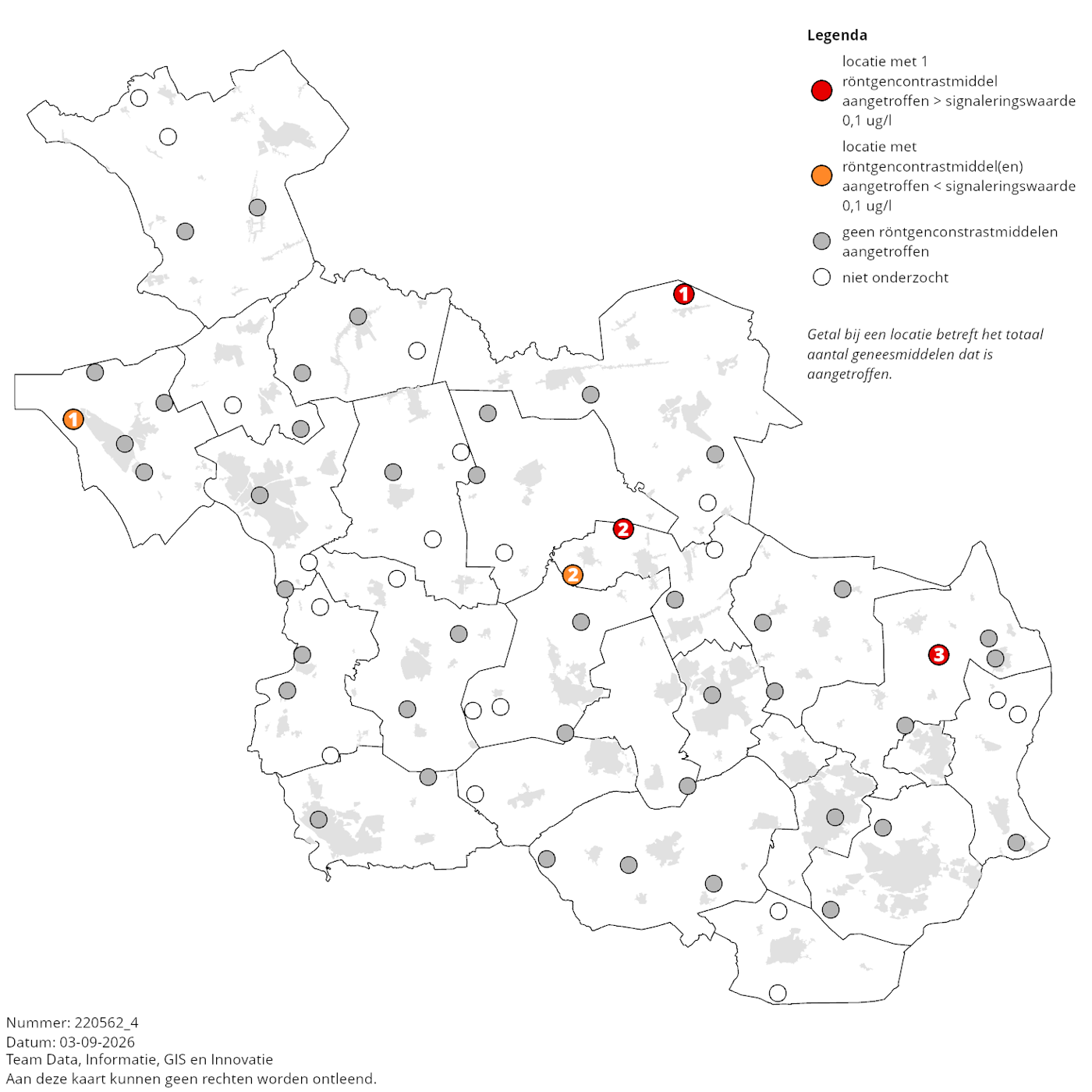 Kaart: Meetlocaties waar in 2021 röntgencontrastmiddelen in het grondwater van Overijssel zijn aangetroffen.