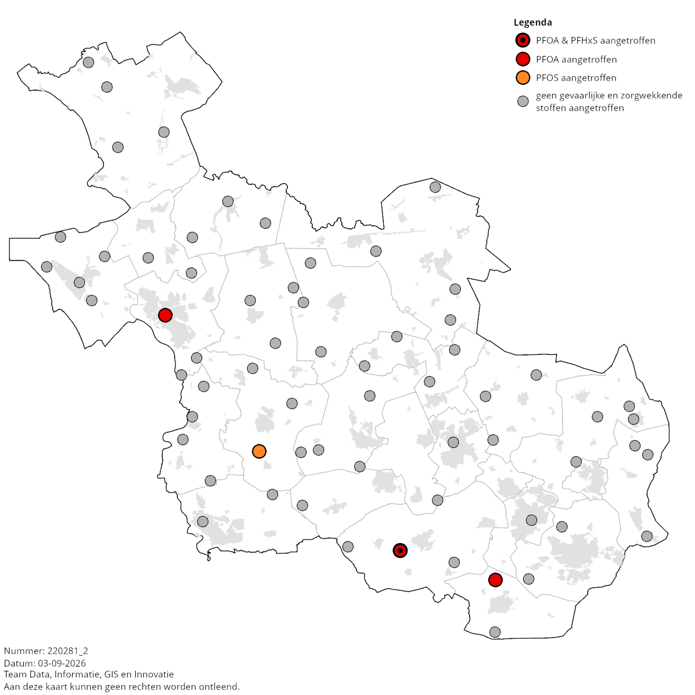 Kaart: Meetlocaties in Overijssel waar in 2019-2021 de gevaarlijke stoffen PFOS en PFOA en de zorgwekkende stof PFHxS in het grondwater zijn aangetroffen.