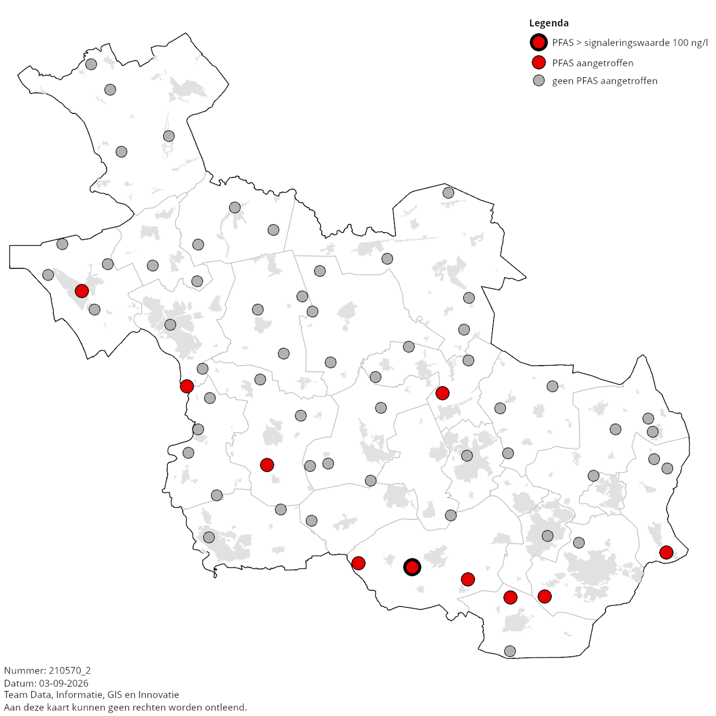 Kaart: Meetlocaties waar in 2019 en 2020 PFAS zijn aangetroffen in het ondiepe grondwater van Overijssel.