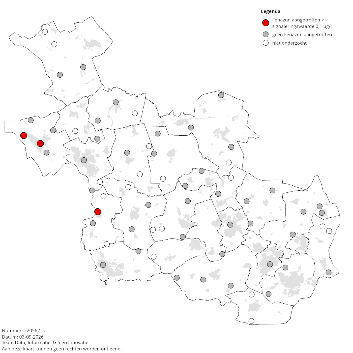 Kaart: Meetlocaties waar de pijnstiller Fenazon (antipyrine) in 2021 in het grondwater van Overijssel is aangetroffen.